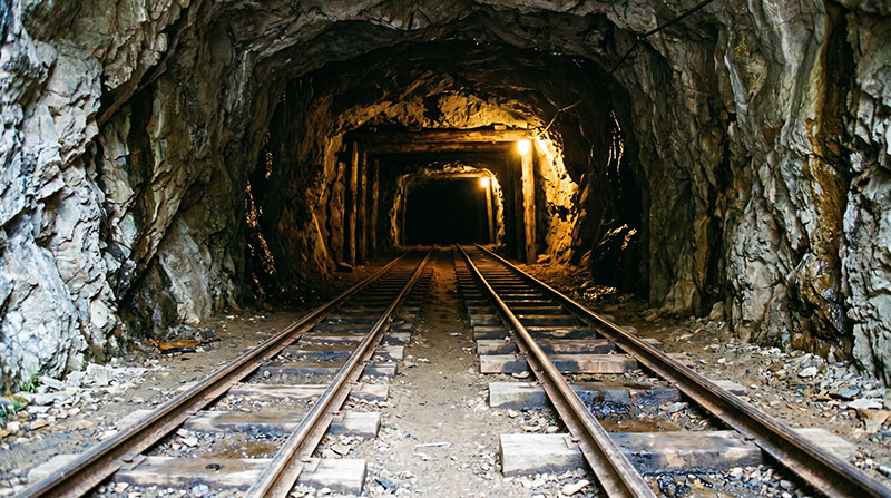 A yellow mining locomotive on narrow-gauge tracks inside a dim underground mine tunnel, headlight illuminating dusty rock walls.