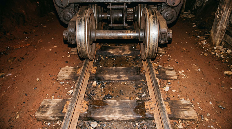 A yellow mining locomotive on narrow-gauge tracks inside a dim underground mine tunnel, headlight illuminating dusty rock walls.