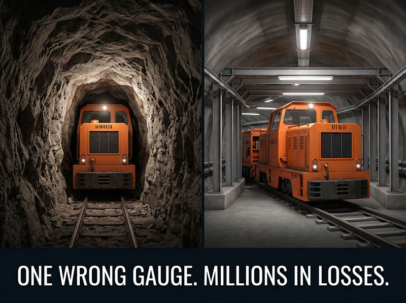 A yellow mining locomotive on narrow-gauge tracks inside a dim underground mine tunnel, headlight illuminating dusty rock walls.