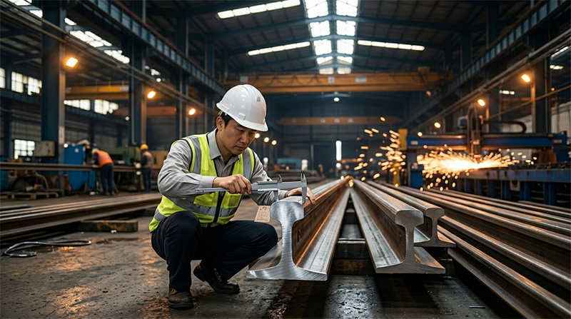 Professional blog cover image featuring stacked steel rails at a Chinese port with overlaid typography reading "COC Compliance: 2026 Steel Rail Export Guide.