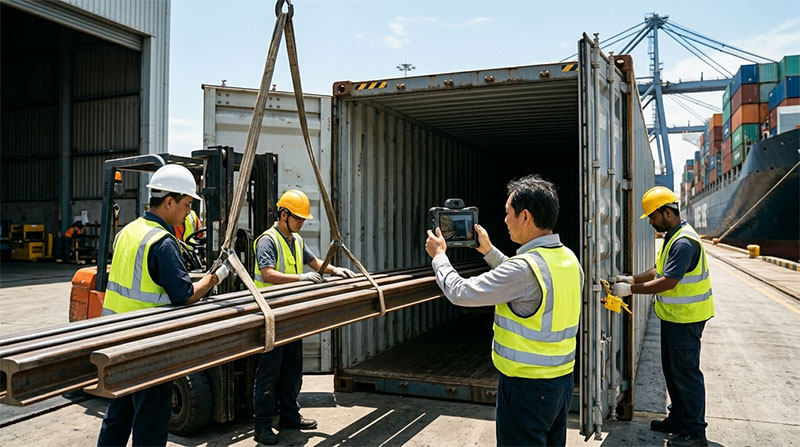 Professional blog cover image featuring stacked steel rails at a Chinese port with overlaid typography reading "COC Compliance: 2026 Steel Rail Export Guide.