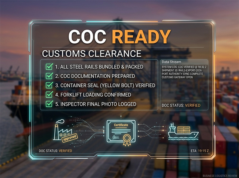 Professional blog cover image featuring stacked steel rails at a Chinese port with overlaid typography reading "COC Compliance: 2026 Steel Rail Export Guide.