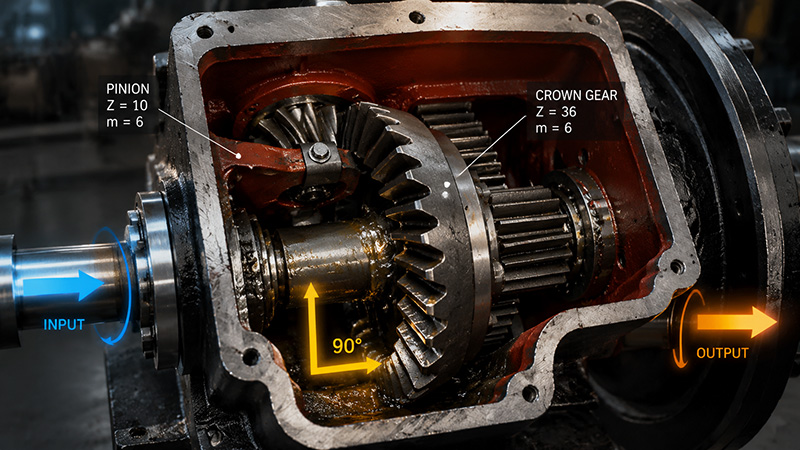 Close-up view of a heavy-duty two-stage reduction gearbox for a 5-ton mining electric locomotive, showcasing the thick spiral bevel gears and robust steel construction inside the axle-hung housing.