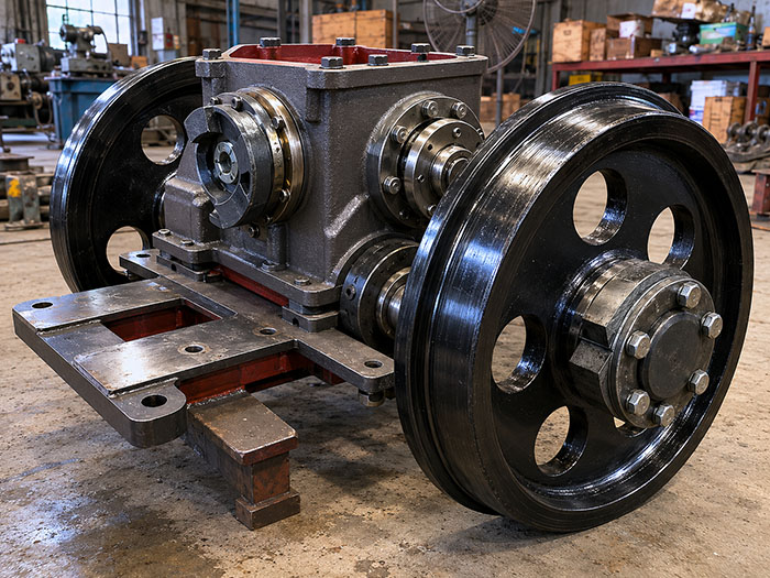 Close-up view of a heavy-duty two-stage reduction gearbox for a 5-ton mining electric locomotive, showcasing the thick spiral bevel gears and robust steel construction inside the axle-hung housing.