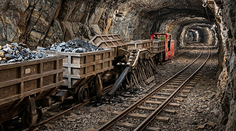 Battery locomotive pulling curved rail side dump mining wagons unloading muck at underground ore pass station. Battery locomotive pulling curved rail side dump mining wagons unloading muck at underground ore pass station.