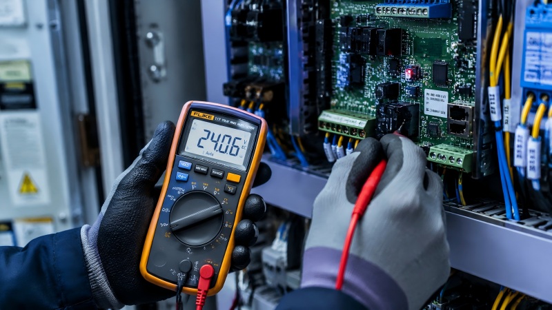 A professional engineer in safety gear inspects a robust 5-ton industrial battery-electric locomotive in a brightly lit modern maintenance garage.