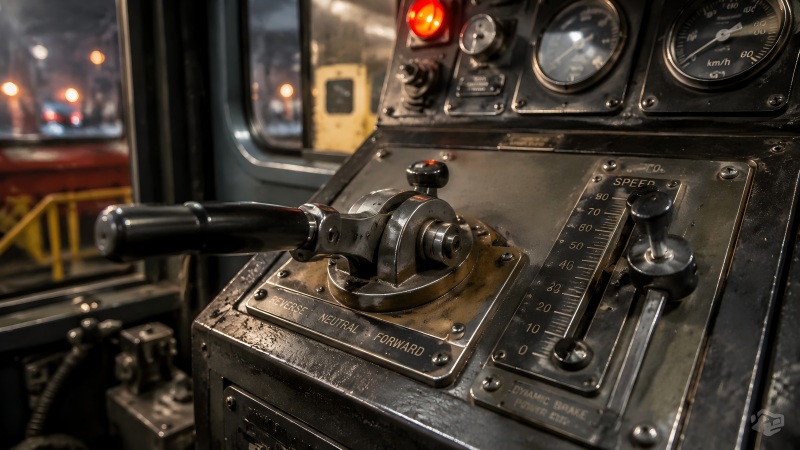 A professional engineer in safety gear inspects a robust 5-ton industrial battery-electric locomotive in a brightly lit modern maintenance garage.