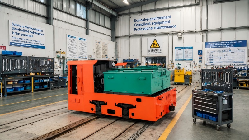 A professional engineer in safety gear inspects a robust 5-ton industrial battery-electric locomotive in a brightly lit modern maintenance garage.