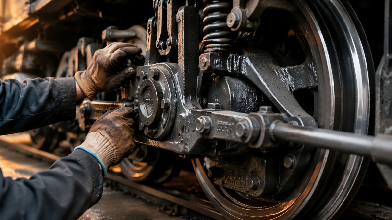 A rugged 5-ton industrial battery electric locomotive parked in a bright mining maintenance bay, with a skilled engineer in safety gear analyzing data on a tablet beside it.