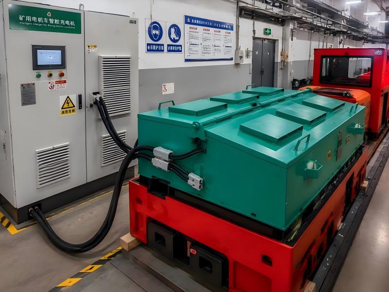 A rugged 5-ton industrial battery electric locomotive parked in a bright mining maintenance bay, with a skilled engineer in safety gear analyzing data on a tablet beside it.