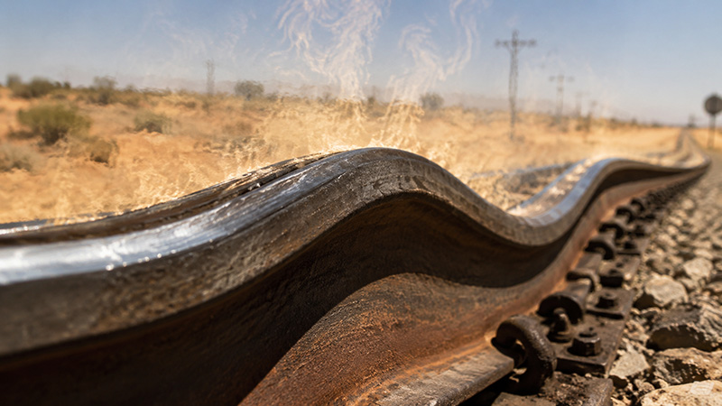 A split-screen scene: warped, melting railway track under a scorching sun on the left, and a pristine straight rail with a yellow 8-ton electric mining locomotive in a dusty open-pit mine on the right.