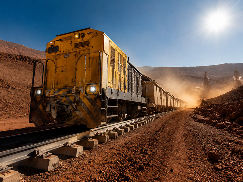 A split-screen scene: warped, melting railway track under a scorching sun on the left, and a pristine straight rail with a yellow 8-ton electric mining locomotive in a dusty open-pit mine on the right.