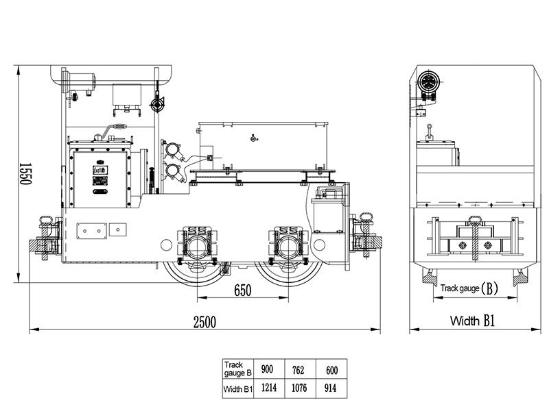 2.5-ton lithium battery mining locomotive CBY2.5 technical drawing on white background with 600/762/900mm gauge dimensions 2.5-ton lithium battery mining locomotive CBY2.5 technical drawing on white background with 600/762/900mm gauge dimensions