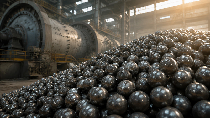 Macro shot of glowing orange-red hot forged steel balls on a dark industrial anvil with flying sparks and cinematic moody lighting.