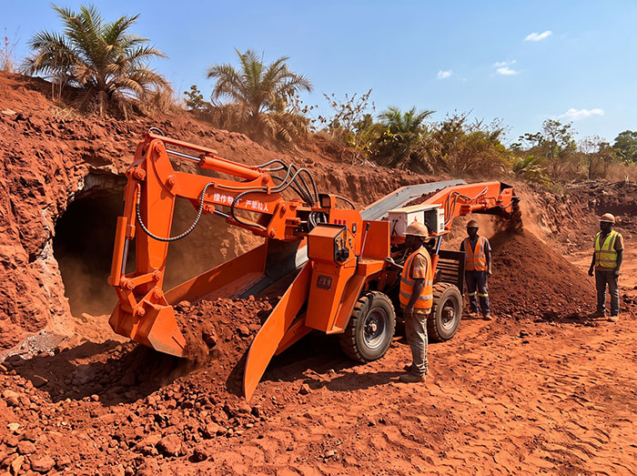 ZWY-50 compact tire-type mucking loader operating in an underground mine tunnel, showcasing its narrow-body design for confined roadways.