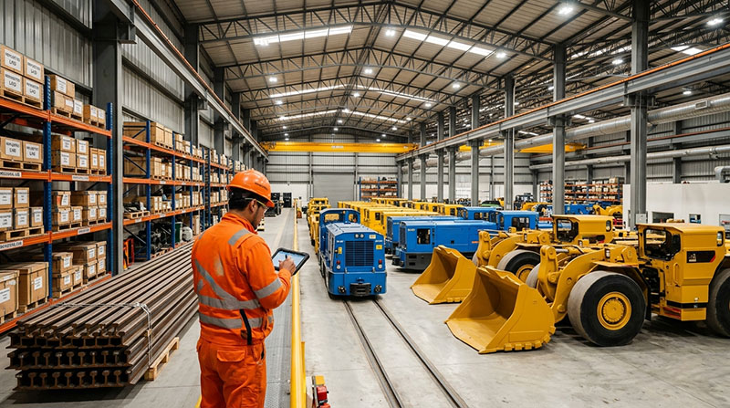 Equipo minero en un tunel subterraneo de alta montana en los Andes, con una pala cargadora amarilla y rieles de acero, simbolizando la importancia del aprovisionamiento predictivo para evitar costosos tiempos de inactividad. Equipo minero en un tunel subterraneo de alta montana en los Andes, con una pala cargadora amarilla y rieles de acero, simbolizando la importancia del aprovisionamiento predictivo para evitar costosos tiempos de inactividad.