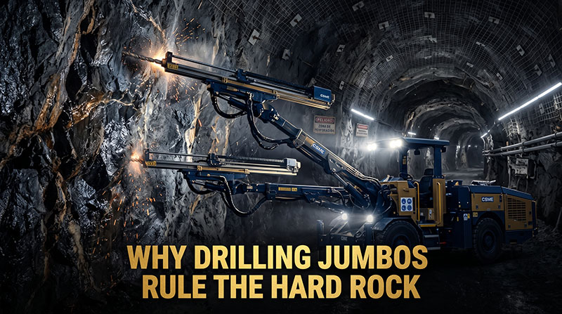 Heavy-duty yellow mining machinery drills into a dark, spark-filled underground tunnel in a modern deep mine.