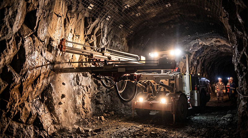 Heavy-duty yellow mining machinery drills into a dark, spark-filled underground tunnel in a modern deep mine.
