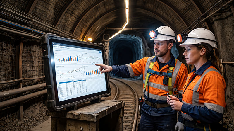Underground mine tunnel with engineers reviewing project data and industrial equipment in background.