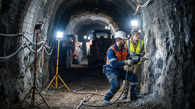 Underground mine tunnel with engineers reviewing project data and industrial equipment in background.