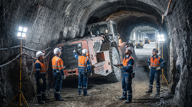 Underground mine tunnel with engineers reviewing project data and industrial equipment in background.