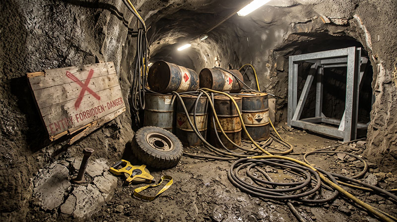 Industrial mining tunnel with heavy steel cable and amber warning lights.
