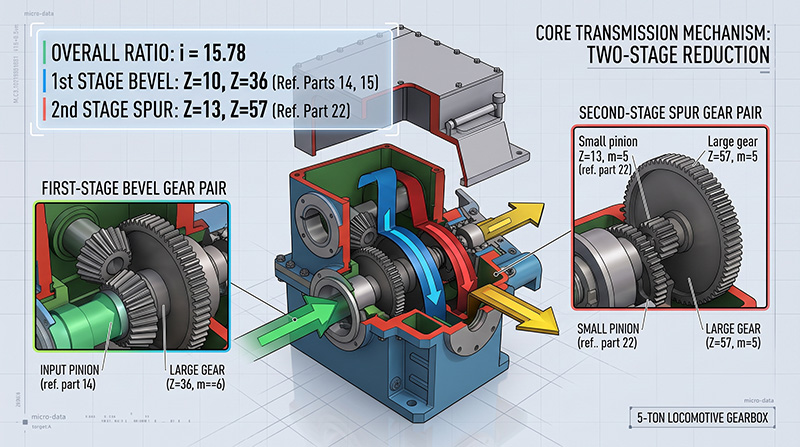 5-ton battery locomotive gearbox technical specifications two-stage reduction ratio 15.78 bearing models splash lubrication diagram