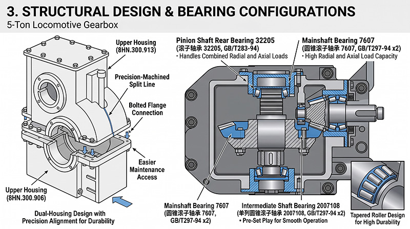 5-ton battery locomotive gearbox technical specifications two-stage reduction ratio 15.78 bearing models splash lubrication diagram