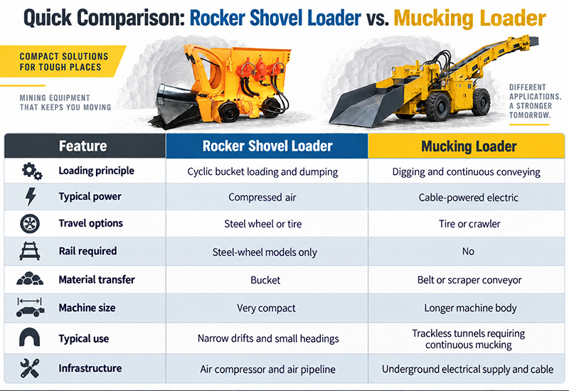 Rocker shovel loader and mucking loader facing each other in an underground mine tunnel comparison
