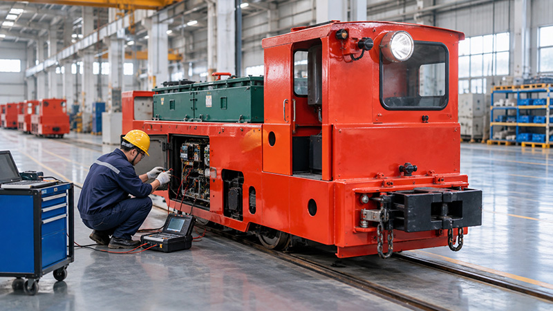 Two technicians inspecting a yellow mining battery locomotive on a factory track before delivery. Two technicians inspecting a yellow mining battery locomotive on a factory track before delivery.