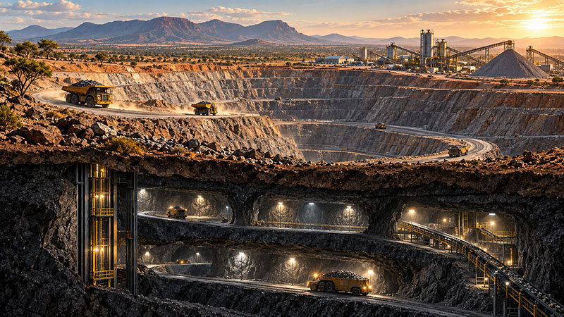 Split-view cover showing an open-pit mine transitioning into underground tunnels with rail haulage and mining equipment in Africa. Split-view cover showing an open-pit mine transitioning into underground tunnels with rail haulage and mining equipment in Africa.