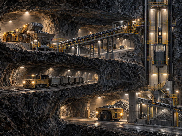 Split-view cover showing an open-pit mine transitioning into underground tunnels with rail haulage and mining equipment in Africa. Split-view cover showing an open-pit mine transitioning into underground tunnels with rail haulage and mining equipment in Africa.