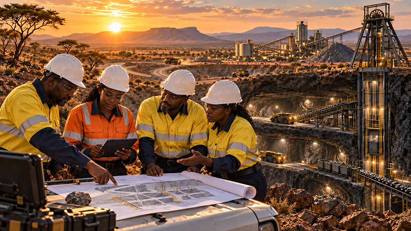 Split-view cover showing an open-pit mine transitioning into underground tunnels with rail haulage and mining equipment in Africa. Split-view cover showing an open-pit mine transitioning into underground tunnels with rail haulage and mining equipment in Africa.