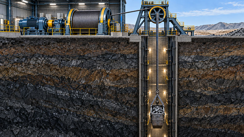 Underground mine hoist winch with double drum and steel wire rope extending into a vertical shaft, illustrating key factors for mine hoist sizing. Underground mine hoist winch with double drum and steel wire rope extending into a vertical shaft, illustrating key factors for mine hoist sizing.