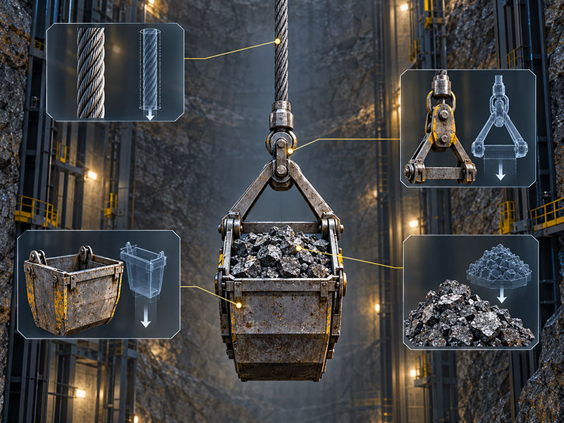 Underground mine hoist winch with double drum and steel wire rope extending into a vertical shaft, illustrating key factors for mine hoist sizing. Underground mine hoist winch with double drum and steel wire rope extending into a vertical shaft, illustrating key factors for mine hoist sizing.