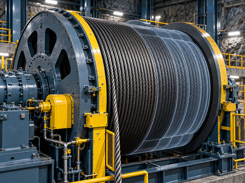 Underground mine hoist winch with double drum and steel wire rope extending into a vertical shaft, illustrating key factors for mine hoist sizing. Underground mine hoist winch with double drum and steel wire rope extending into a vertical shaft, illustrating key factors for mine hoist sizing.