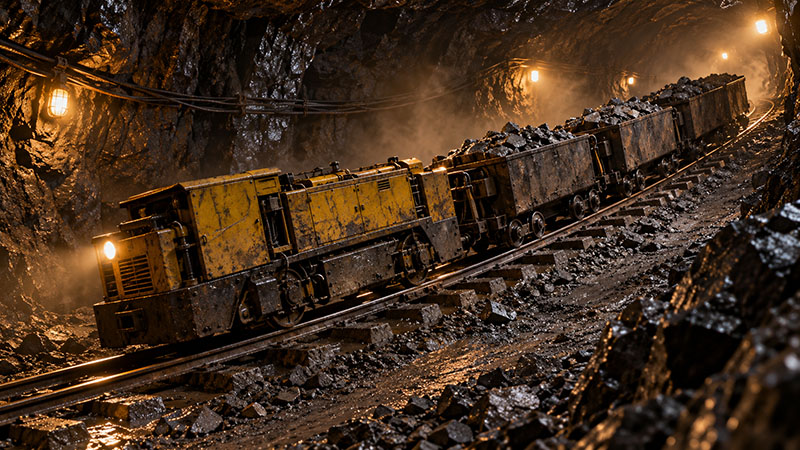 Battery mine locomotive with mine cars and a compact electric mining dumper facing each other inside a small underground mine tunnel. Battery mine locomotive with mine cars and a compact electric mining dumper facing each other inside a small underground mine tunnel.