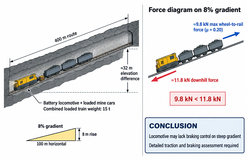 Battery mine locomotive with mine cars and a compact electric mining dumper facing each other inside a small underground mine tunnel. Battery mine locomotive with mine cars and a compact electric mining dumper facing each other inside a small underground mine tunnel.