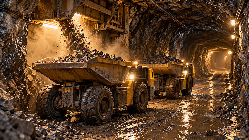 Battery mine locomotive with mine cars and a compact electric mining dumper facing each other inside a small underground mine tunnel. Battery mine locomotive with mine cars and a compact electric mining dumper facing each other inside a small underground mine tunnel.