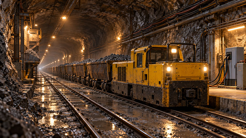 Battery mine locomotive with mine cars and a compact electric mining dumper facing each other inside a small underground mine tunnel. Battery mine locomotive with mine cars and a compact electric mining dumper facing each other inside a small underground mine tunnel.