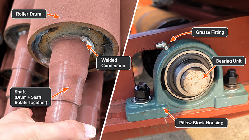 Sealed internal-bearing roller vs. external greaseable bearing comparison chart for mucking loaders. Sealed internal-bearing roller vs. external greaseable bearing comparison chart for mucking loaders.
