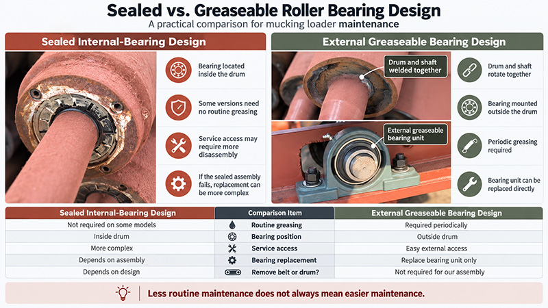 Sealed internal-bearing roller vs. external greaseable bearing comparison chart for mucking loaders. Sealed internal-bearing roller vs. external greaseable bearing comparison chart for mucking loaders.